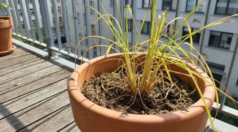 Pianta in vaso su un balcone con diverse zanzare attorno, esempio di repellente naturale poco efficace