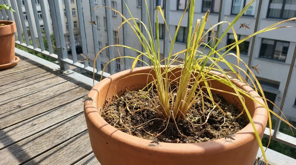 Pianta in vaso su un balcone con diverse zanzare attorno, esempio di repellente naturale poco efficace