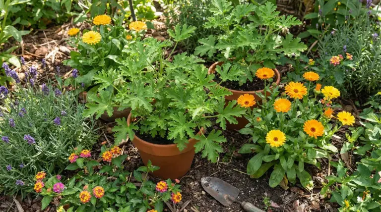 Vasi di geranio odoroso, lavanda e calendula in giardino, piante utili per allontanare le zanzare