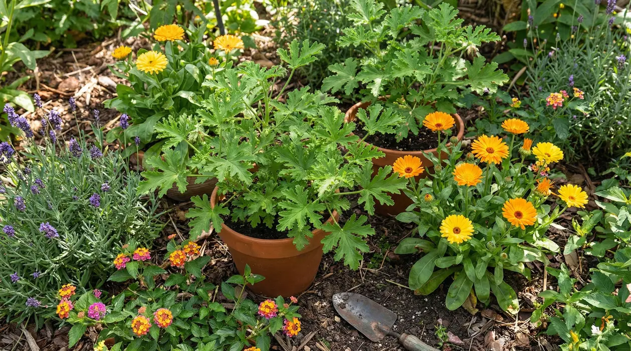 Vasi di geranio odoroso, lavanda e calendula in giardino, piante utili per allontanare le zanzare