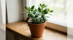 Pianta di giada in vaso sul davanzale di una finestra, usata come simbolo nelle credenze popolari sulla sfortuna