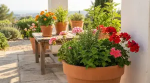 Vasi con gerani e piante aromatiche su una terrazza soleggiata, ideali per profumare e tenere lontane le zanzare