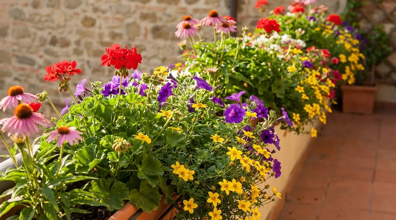 Fioriere sul terrazzo con gerani, petunie e fiori colorati resistenti e facili da coltivare