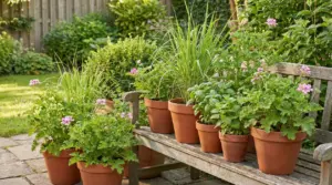 Vasi di citronella, basilico e gerani su una panchina in giardino, utili per tenere lontane le zanzare