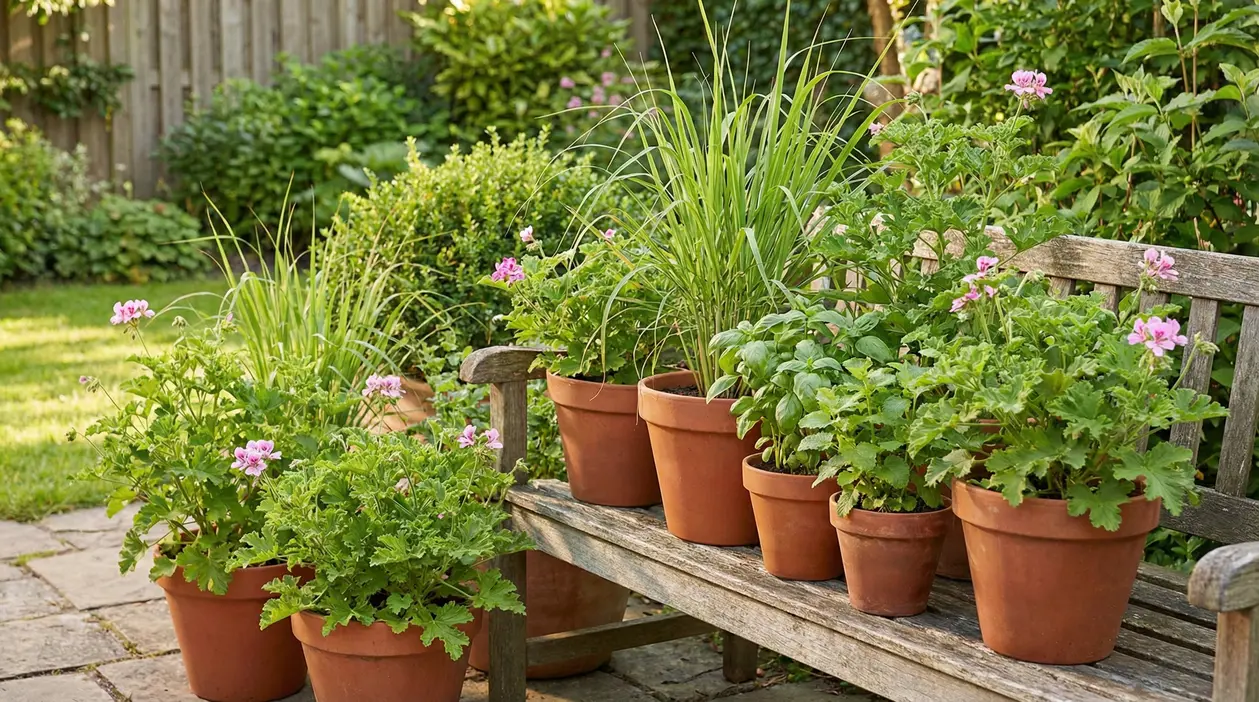 Vasi di citronella, basilico e gerani su una panchina in giardino, utili per tenere lontane le zanzare
