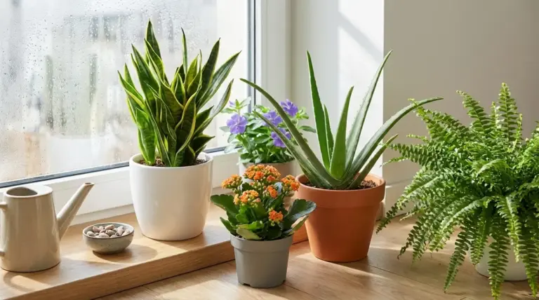 Piante da interno su un davanzale con finestra appannata, utili contro umidità e muffa in casa