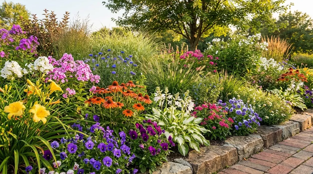 Aiuola rigogliosa con fiori colorati e graminacee ornamentali in giardino, ideale per fioriture tutto l'anno