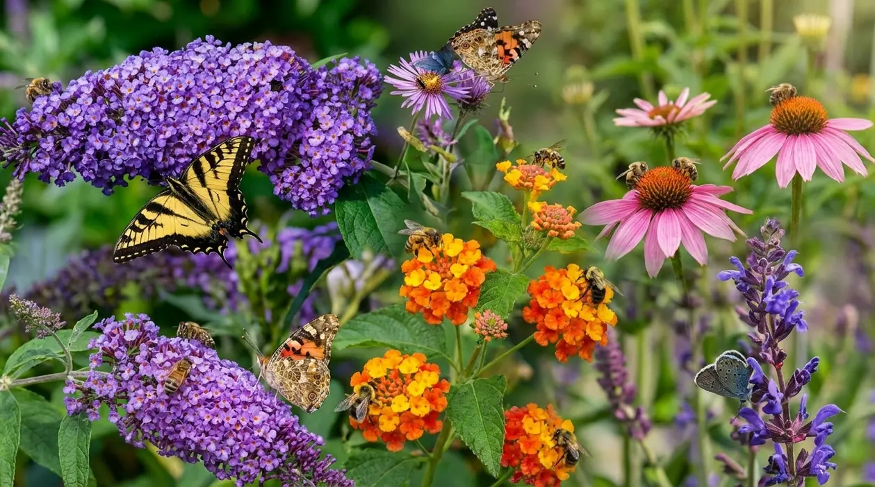 Farfalle e api su fiori colorati in giardino, tra buddleja, lantana, echinacea e salvia