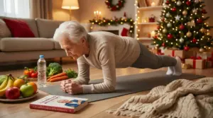 Anziana in plank su tappetino in salotto, tra frutta e verdura, simbolo di longevità e benessere