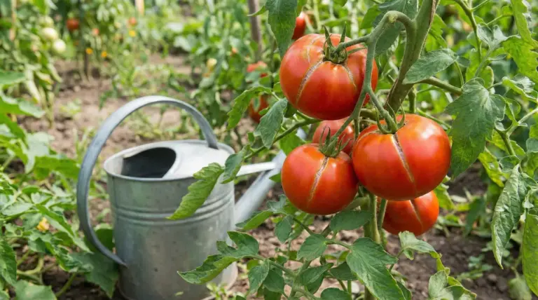 Pomodori maturi spaccati sulla pianta nell’orto, con annaffiatoio sullo sfondo