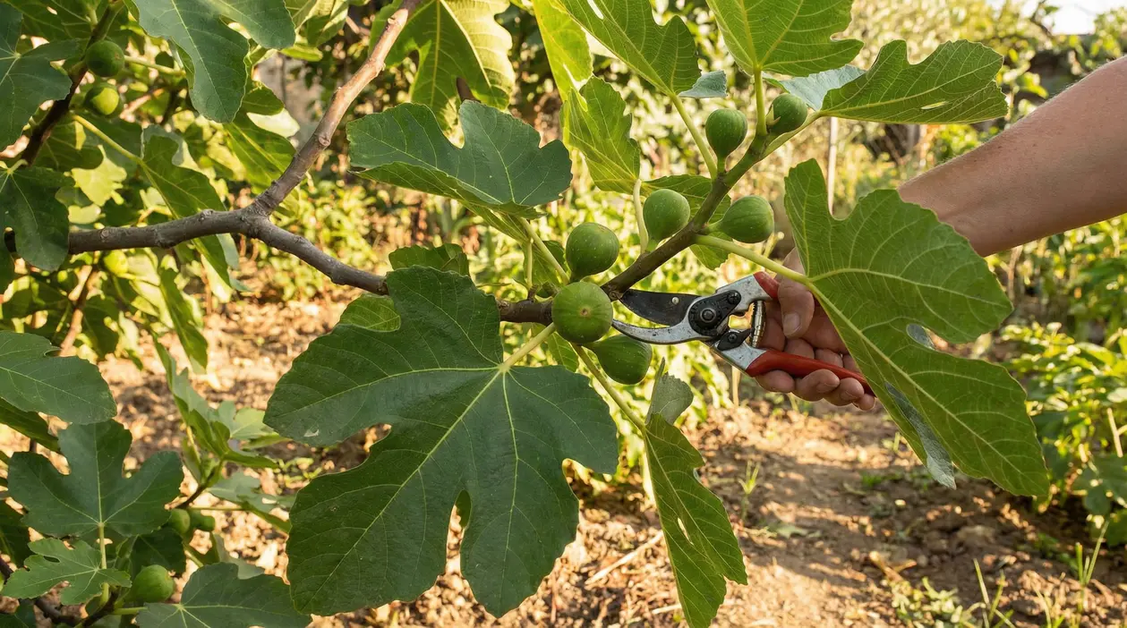 Mano con cesoie che pota un ramo di fico con frutti verdi sull’albero in giardino