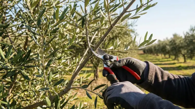 Potatura di un ramo di ulivo con cesoie in un oliveto, possibile causa della mancata fioritura