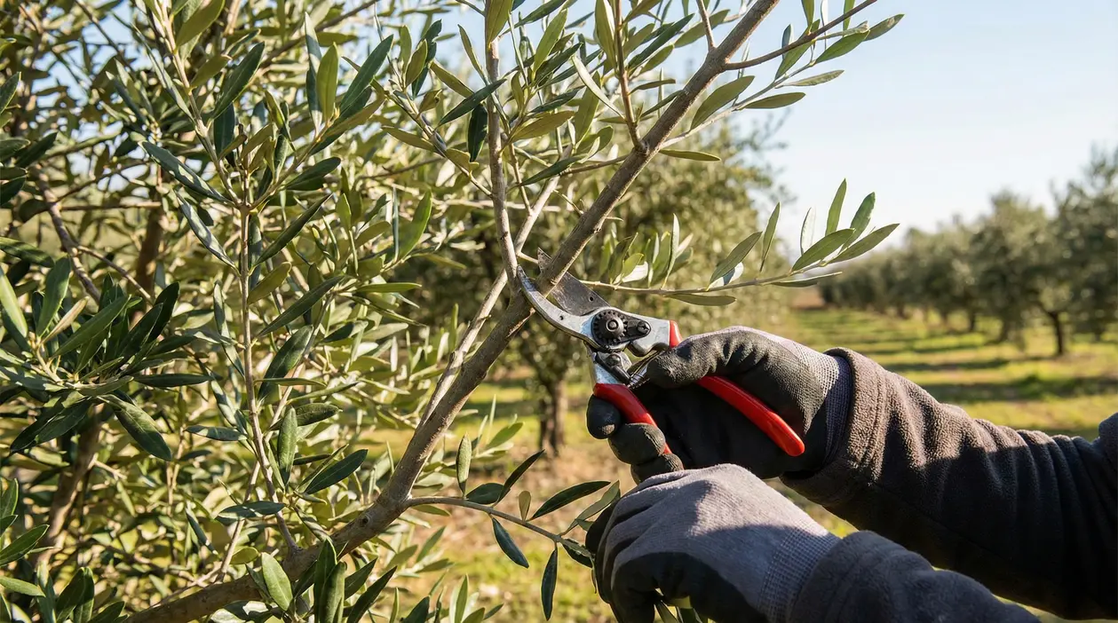 Potatura di un ramo di ulivo con cesoie in un oliveto, possibile causa della mancata fioritura