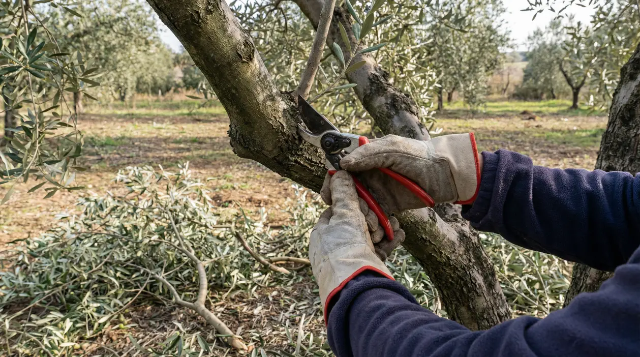 Potatura di un ulivo con cesoie in un oliveto, durante il taglio di un ramo
