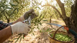 Mani con guanti potano un ramo di ulivo con olive verdi in un oliveto soleggiato