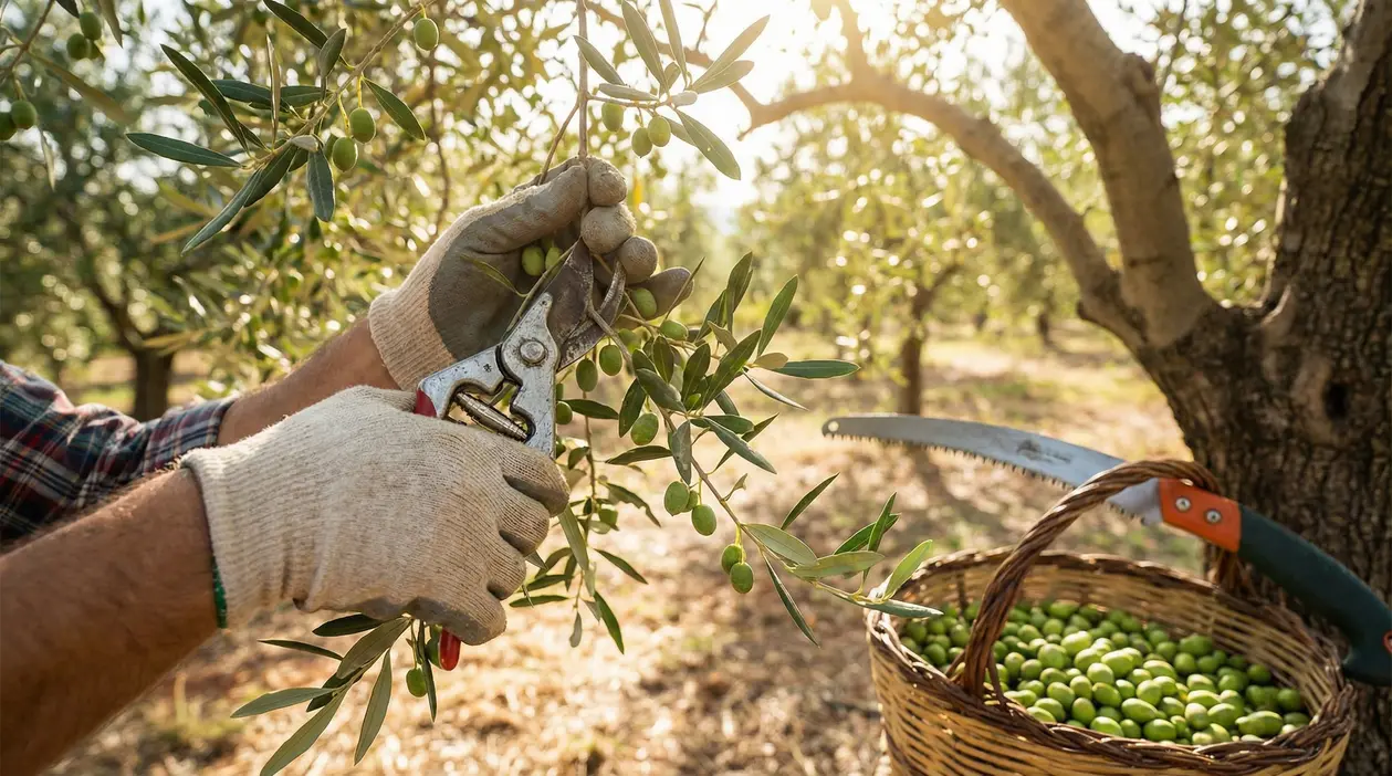 Mani con guanti potano un ramo di ulivo con olive verdi in un oliveto soleggiato