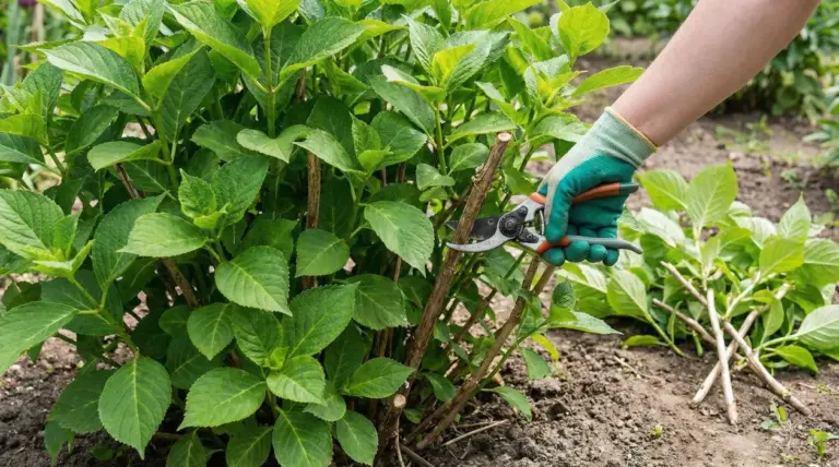 Mano con cesoie mentre pota un cespuglio di ortensie verdi in giardino