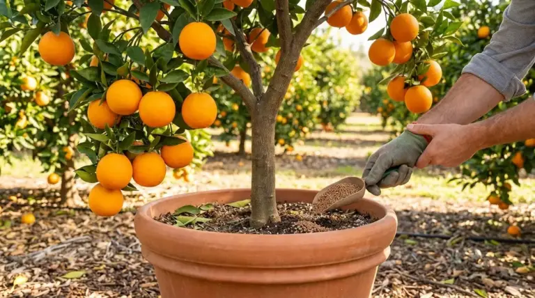 Mano con guanto che distribuisce concime a un arancio in vaso carico di frutti in un agrumeto