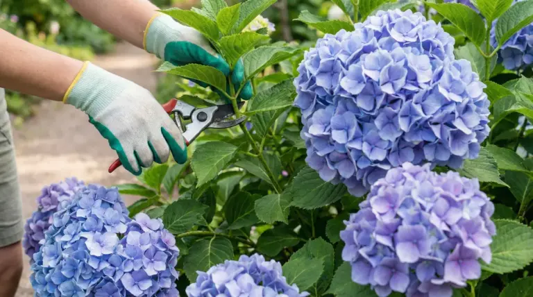 Persona con guanti che pota una pianta di ortensie blu in giardino con cesoie da potatura