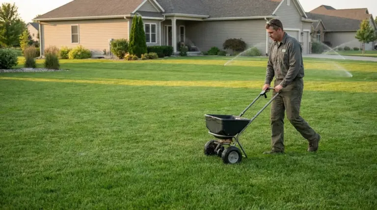 Persona che distribuisce concime sul prato di casa mentre gli irrigatori sono in funzione