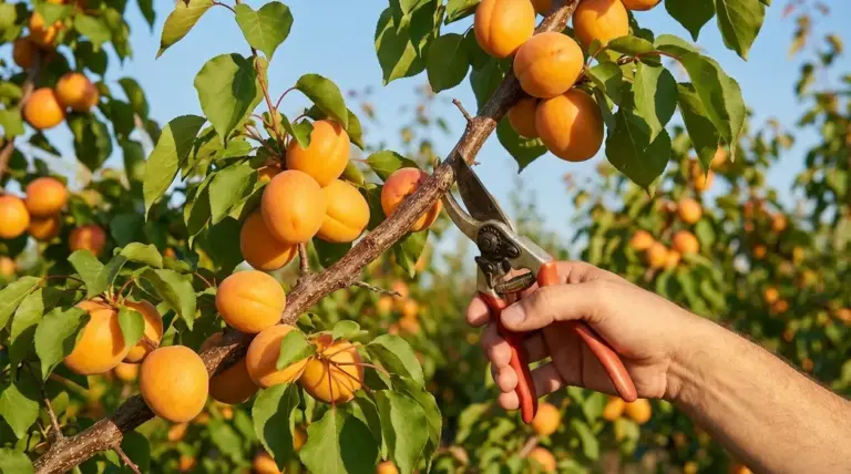 Mano con cesoie vicino a un ramo di albicocco carico di frutti maturi in un frutteto