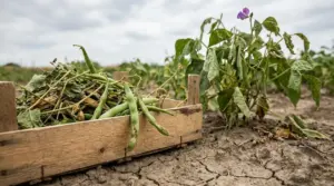Piante di fagiolini appassite in un campo arido accanto a una cassetta di baccelli raccolti