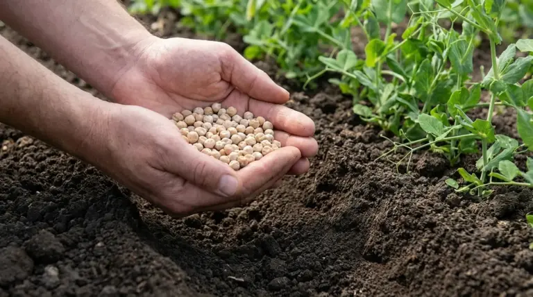 Mani che tengono semi di pisello sopra il terreno dell’orto accanto a giovani piante di piselli