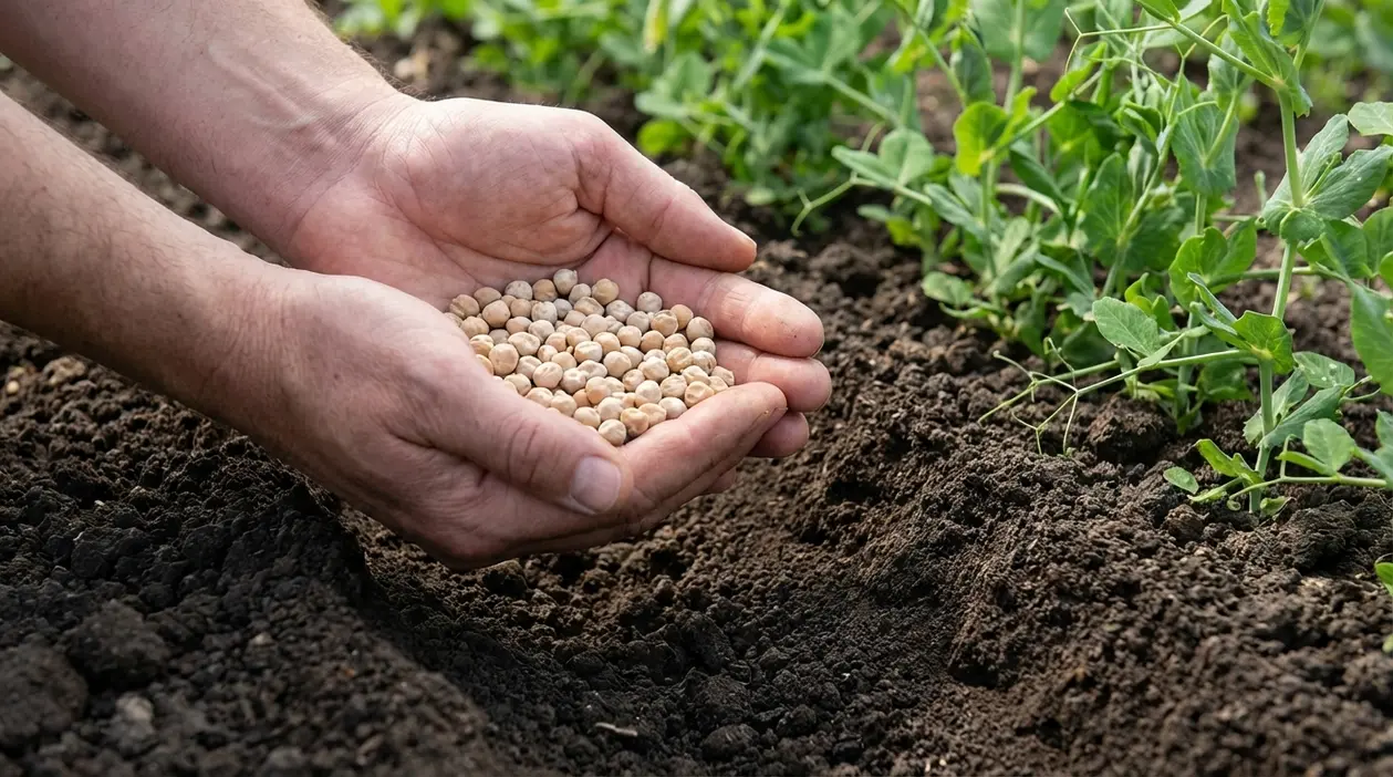 Mani che tengono semi di pisello sopra il terreno dell’orto accanto a giovani piante di piselli