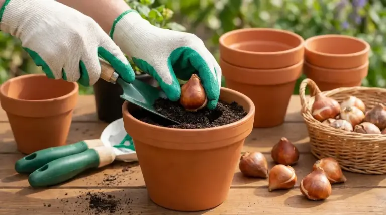 Mani con guanti piantano un bulbo di tulipano in un vaso di terracotta con terriccio e attrezzi da giardinaggio