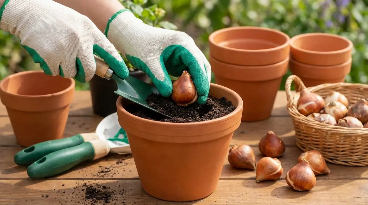 Mani con guanti piantano un bulbo di tulipano in un vaso di terracotta con terriccio e attrezzi da giardinaggio