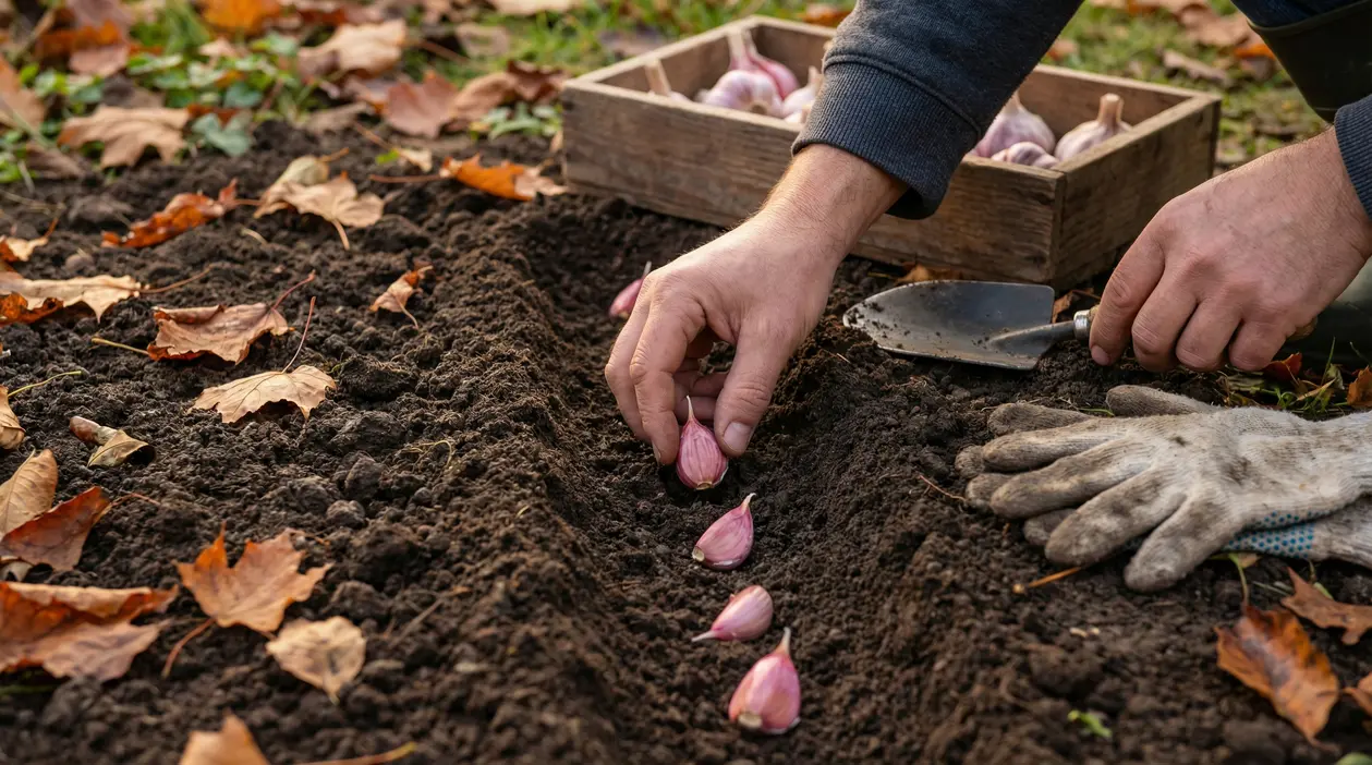 Mani che piantano spicchi d’aglio in un solco dell’orto durante l’autunno