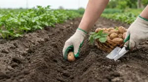Mani con guanti piantano patate nel terreno dell’orto, accanto a un cesto di tuberi e una paletta