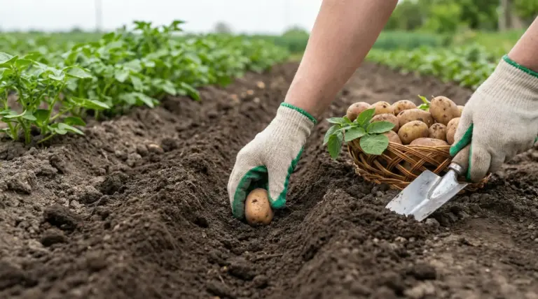 Mani con guanti piantano patate nel terreno dell’orto, accanto a un cesto di tuberi e una paletta