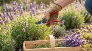 Mano con guanto che pota una pianta di lavanda con cesoie in giardino, accanto a un cestino di fiori raccolti