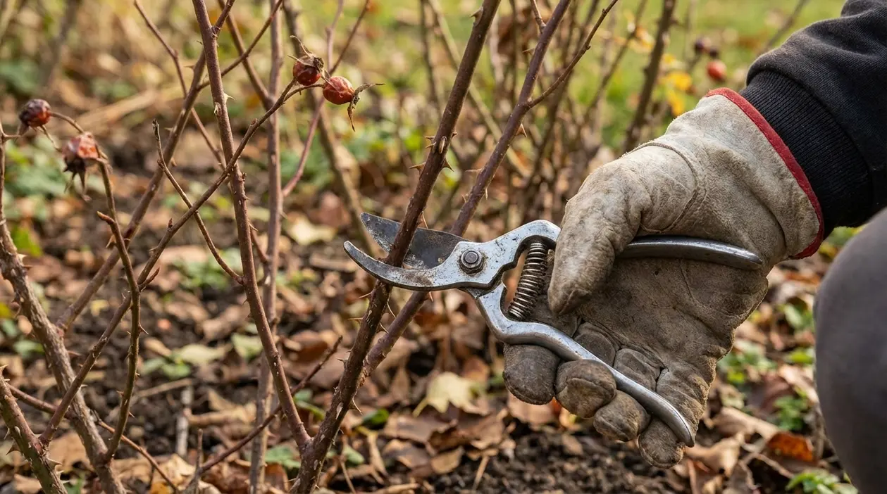 Mano con guanto che pota i rami di un cespuglio di rose con cesoie in giardino