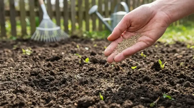 Mano che sparge semi di prato su terreno lavorato in giardino, con rastrello e annaffiatoio sullo sfondo