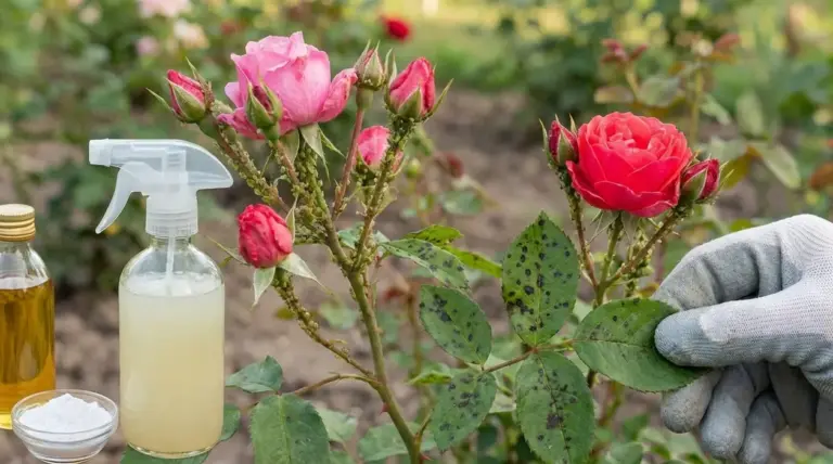 Rosa con afidi e foglie macchiate, trattata con spray naturale in giardino