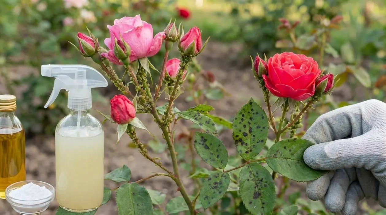 Rosa con afidi e foglie macchiate, trattata con spray naturale in giardino