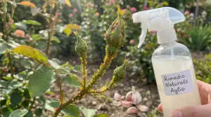 Boccioli di rosa infestati dai pidocchi con spray naturale all’aglio in giardino