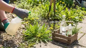 Persona spruzza una soluzione naturale sulle erbacce in giardino accanto a bottiglie e attrezzi da giardinaggio
