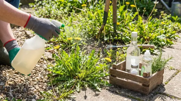 Persona spruzza una soluzione naturale sulle erbacce in giardino accanto a bottiglie e attrezzi da giardinaggio