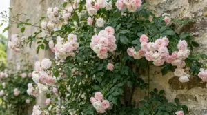 Rosa rampicante con abbondanti fiori rosa chiaro e bianchi che cresce lungo un muro in pietra