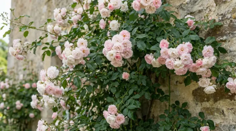 Rosa rampicante con abbondanti fiori rosa chiaro e bianchi che cresce lungo un muro in pietra
