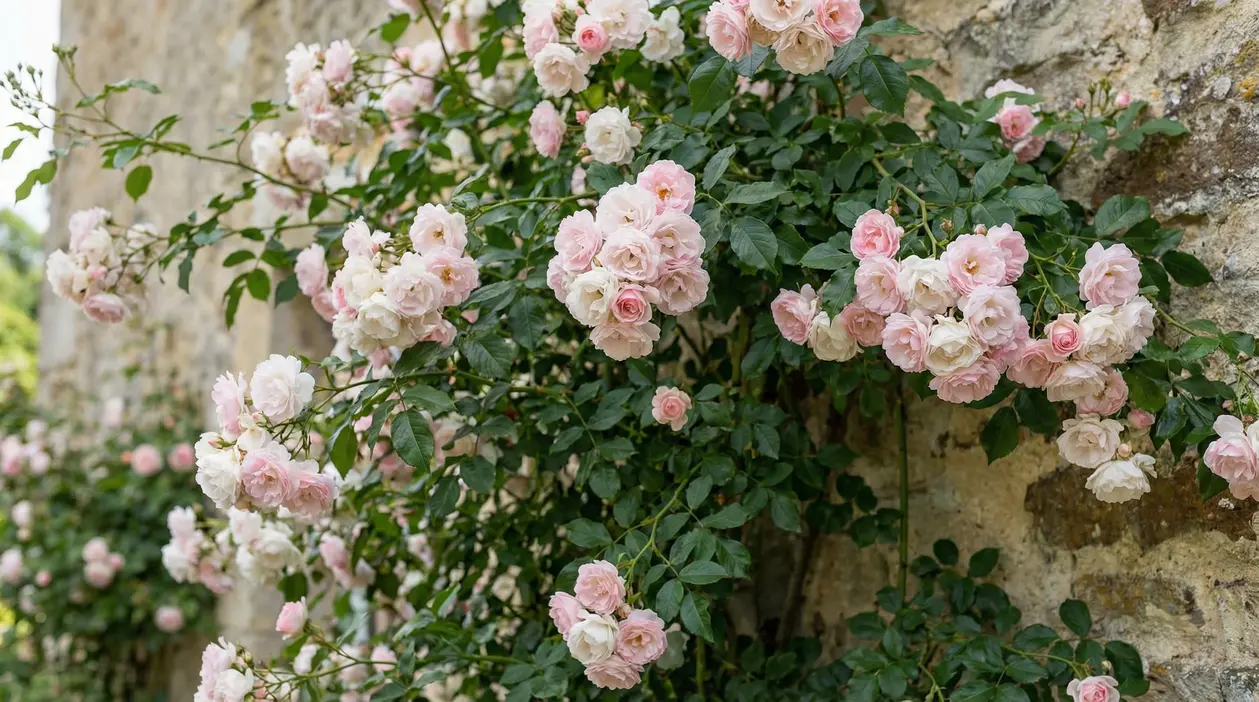 Rosa rampicante con abbondanti fiori rosa chiaro e bianchi che cresce lungo un muro in pietra