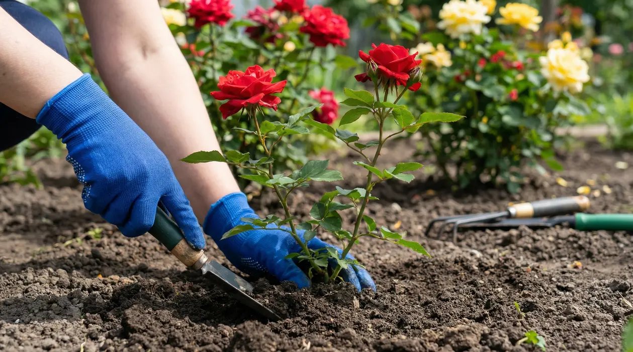 Persona con guanti blu sistema una pianta di rose rosse nel terreno del giardino