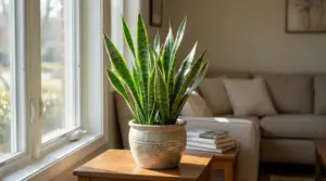 Sansevieria in vaso su un tavolino vicino alla finestra in un soggiorno luminoso