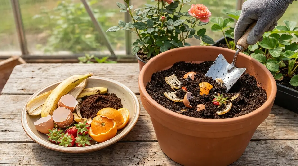 Scarti di cucina come bucce, gusci d’uovo e fondi di caffè mescolati nel terriccio per fare concime naturale
