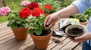 Persona aggiunge fondi di caffè al terriccio di gerani in vaso per favorire crescita e fioritura