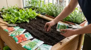 Persona che semina semi in un orto rialzato sul balcone, tra lattuga, pomodori, zucchine ed erbe aromatiche