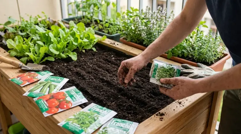 Persona che semina semi in un orto rialzato sul balcone, tra lattuga, pomodori, zucchine ed erbe aromatiche